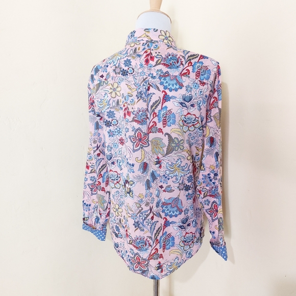 Tabots Petite Pink Colorful Paisley Floral Print Button Down Polka Dot Shirt - Picture 6 of 15